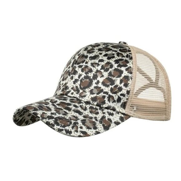 Tan & Brown Leopard Print Baseball Cap Snap-Back Ponytail Hat - Picture 1 of 4